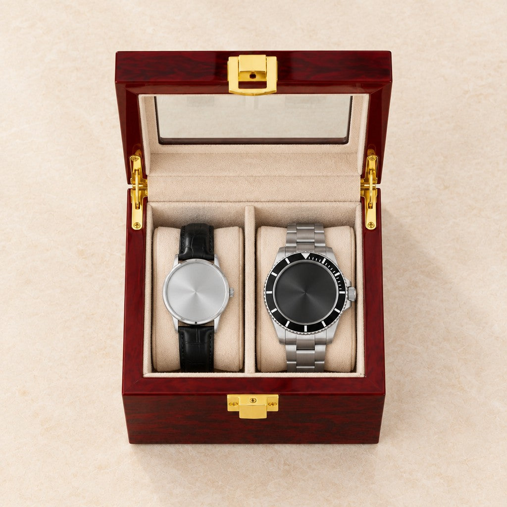 Top view of the 2-slot red lacquered wooden watch box with a 36 mm, a 42 mm and a 45 mm watch