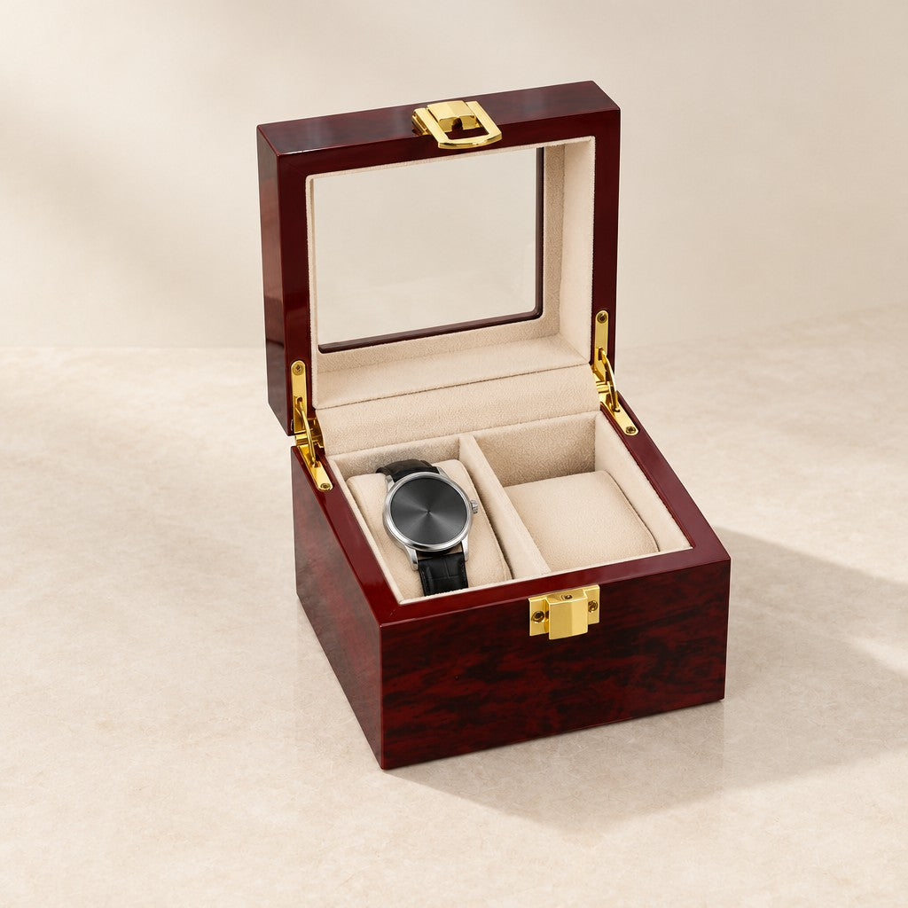 2-slot red lacquered wooden watch box with the lid open