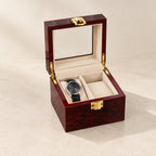 2-slot red lacquered wooden watch box with the lid open