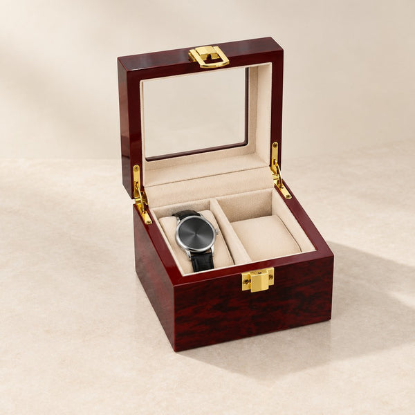 Red Lacquered Wooden Watch Box with Glass Lid - 2 Slots