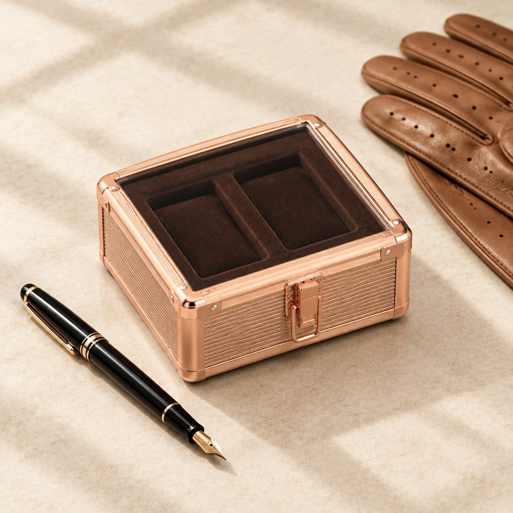 2-slot rose-gold aluminum watch box closed, beside a fountain pen and leather gloves