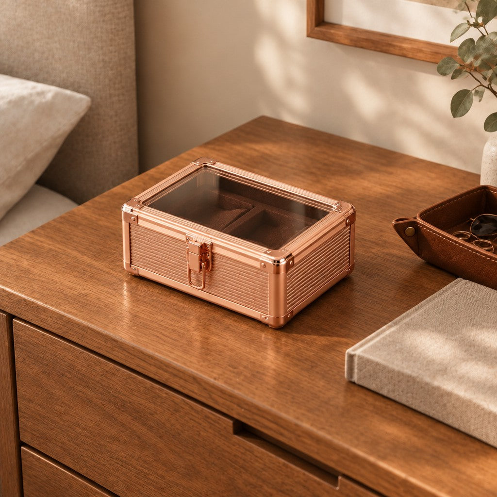2-slot rose-gold aluminum watch box on a wooden chest of drawers, beside a leather tray and a book, for scale