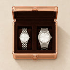 Top view of the 2-slot rose-gold aluminum watch box with watches of different sizes