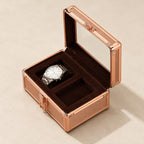 2-slot rose-gold aluminum watch box with the lid open