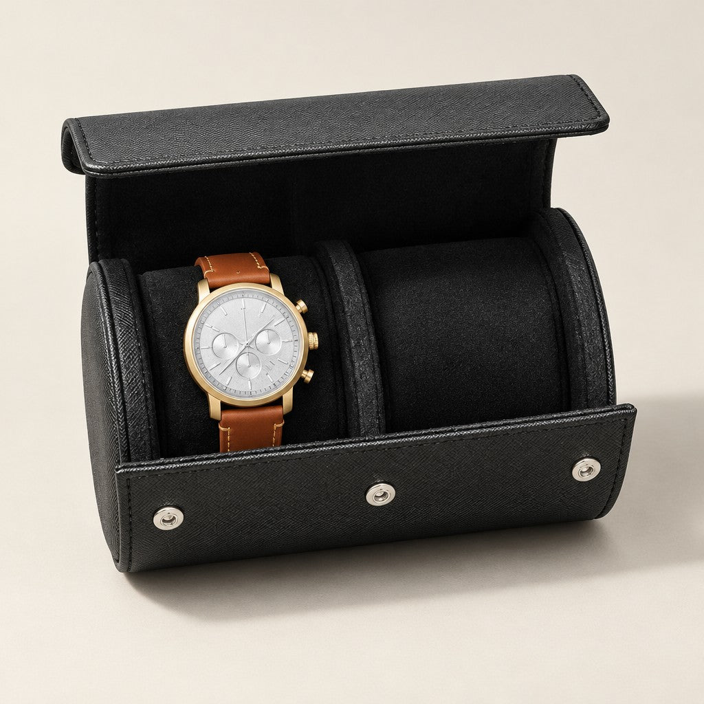 2-slot black faux leather watch roll open, one watch on a velvet pillow