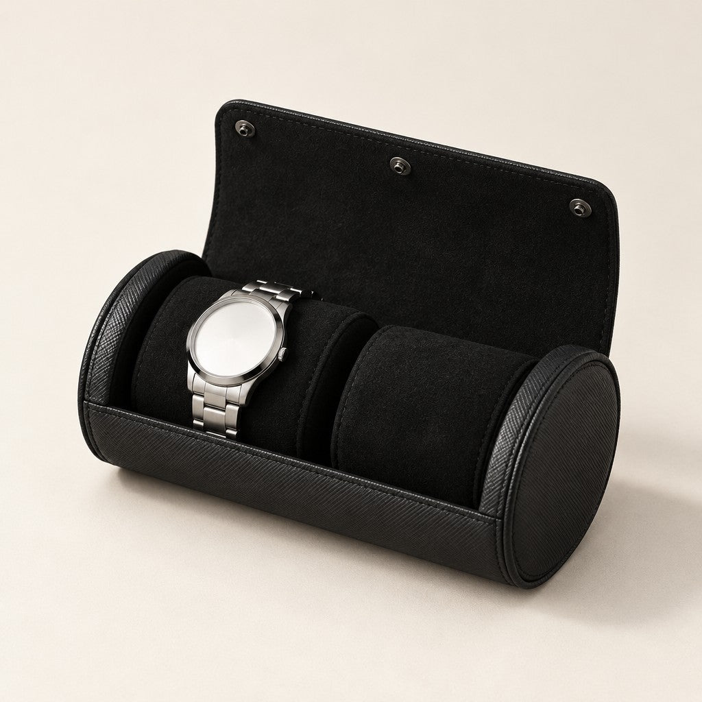 Black 2-slot watch roll open with a watch on a black pillow