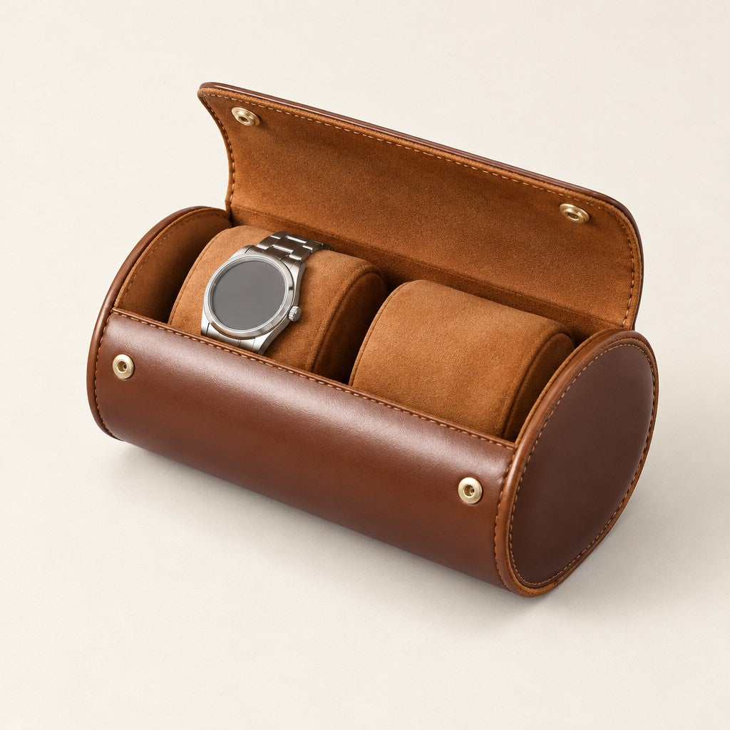 Brown 2-slot watch roll open, with a watch on one tan pillow