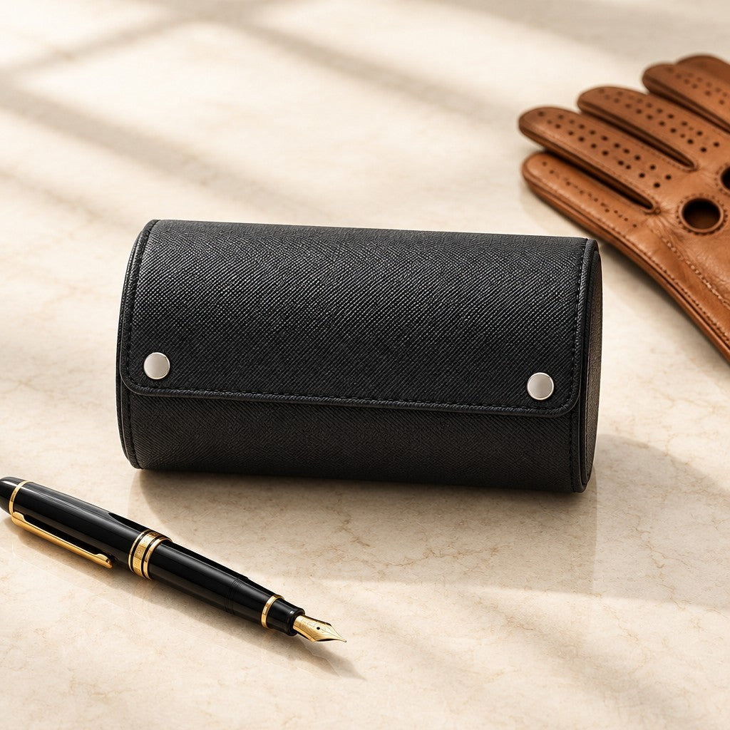 2-slot black watch roll closed, beside a fountain pen and leather gloves