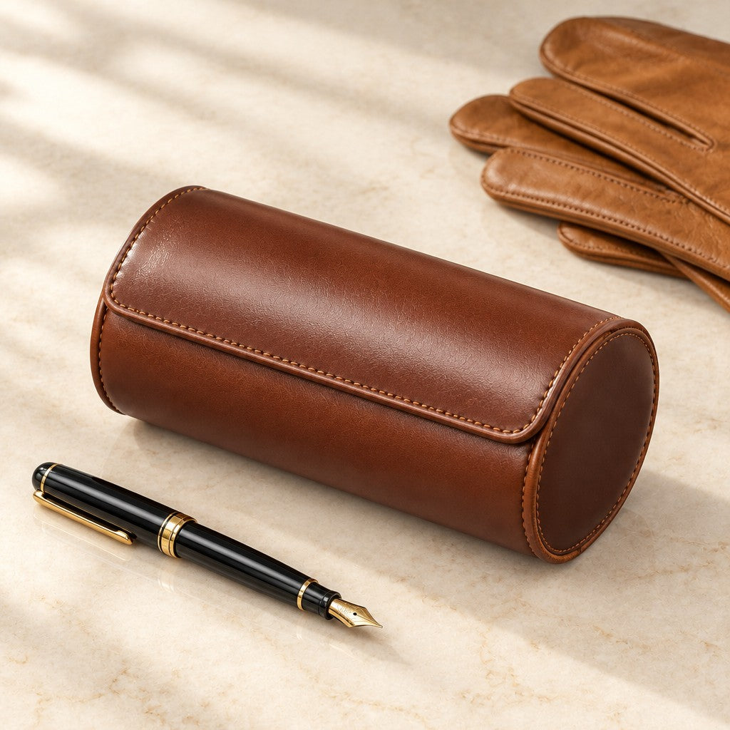 Brown 2-slot watch roll closed, beside a fountain pen and leather gloves