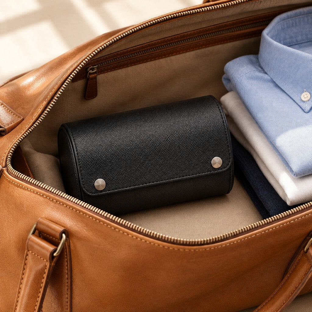 2-slot watch roll packed in an open leather weekender bag