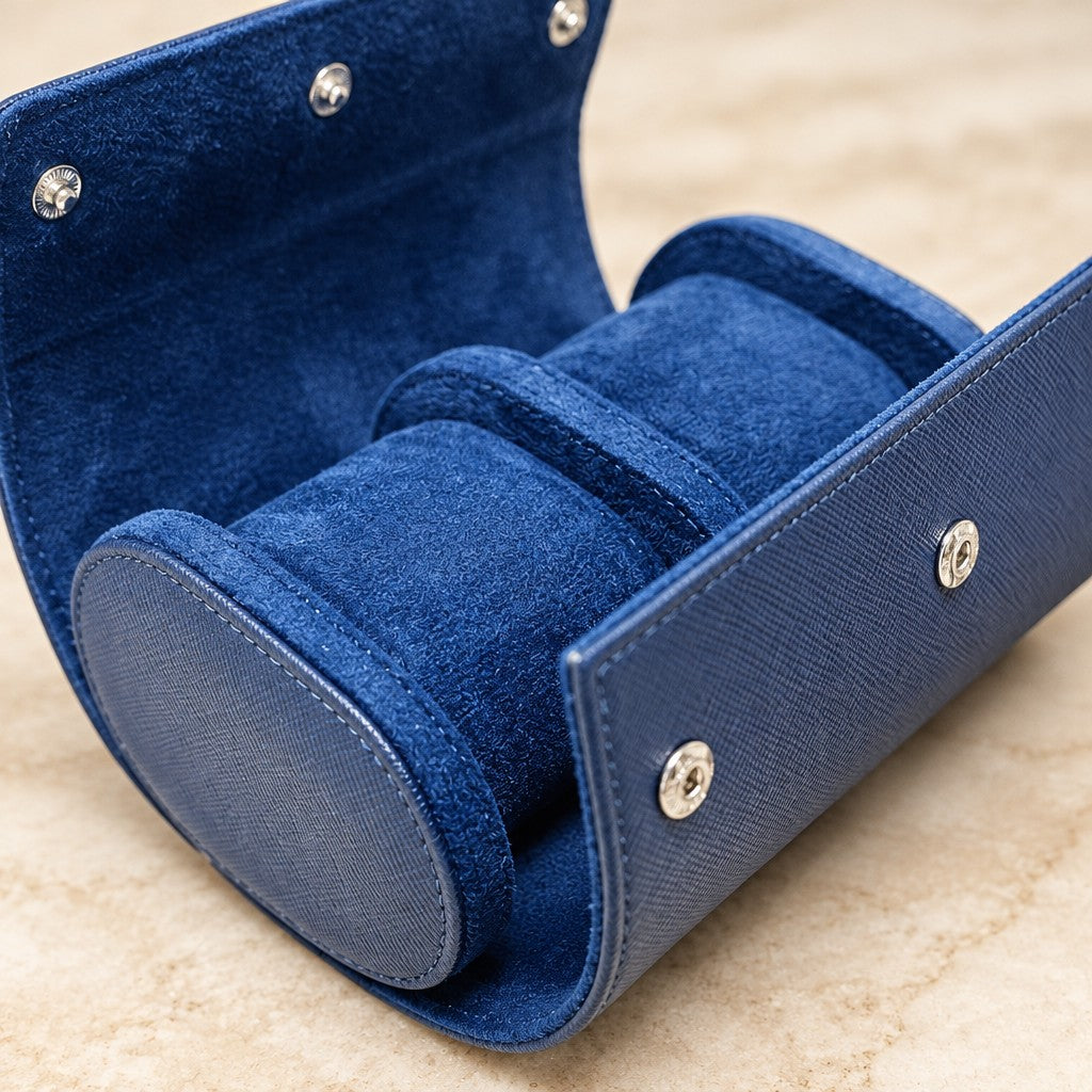 Close-up of the velvet lining and metal snap of the 2-slot watch roll