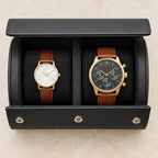 Top view of the open 2-slot watch roll holding watches of two sizes