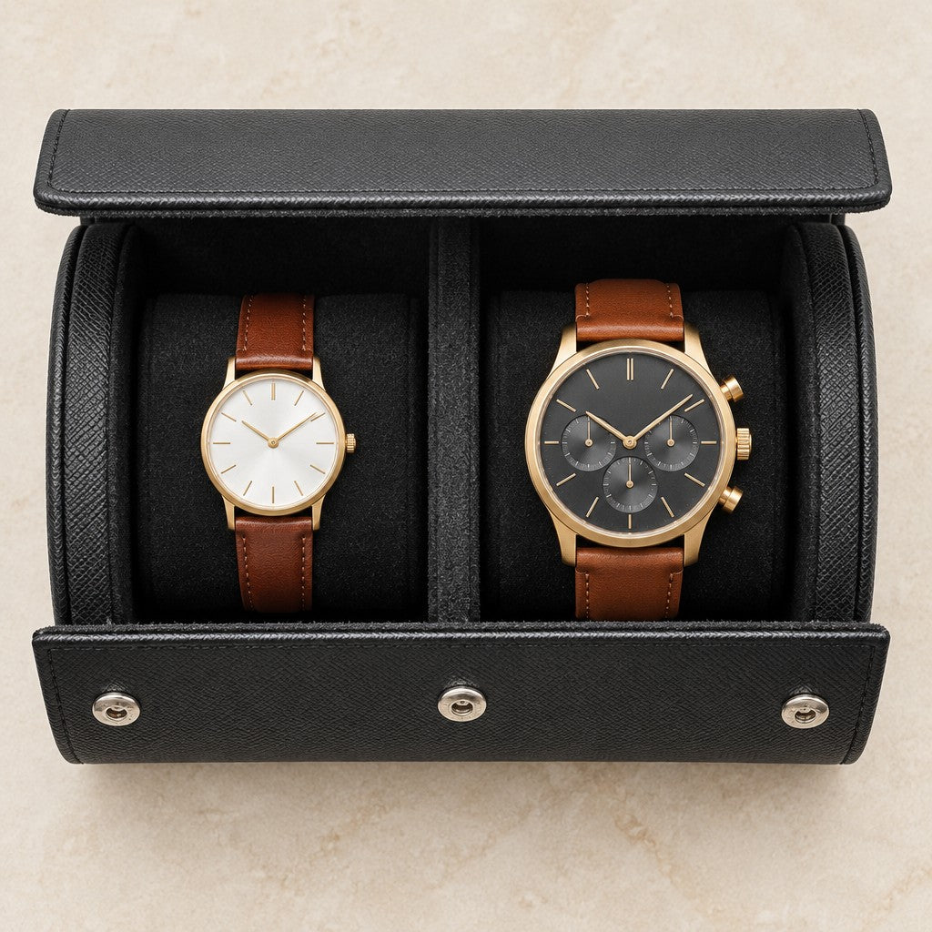 Top view of the open 2-slot watch roll holding watches of two sizes