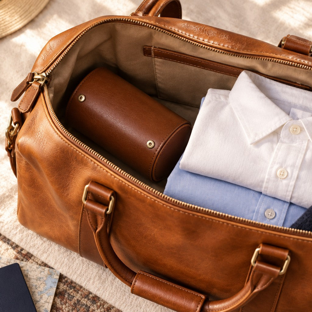 2-slot watch roll packed in a weekender bag beside folded shirts