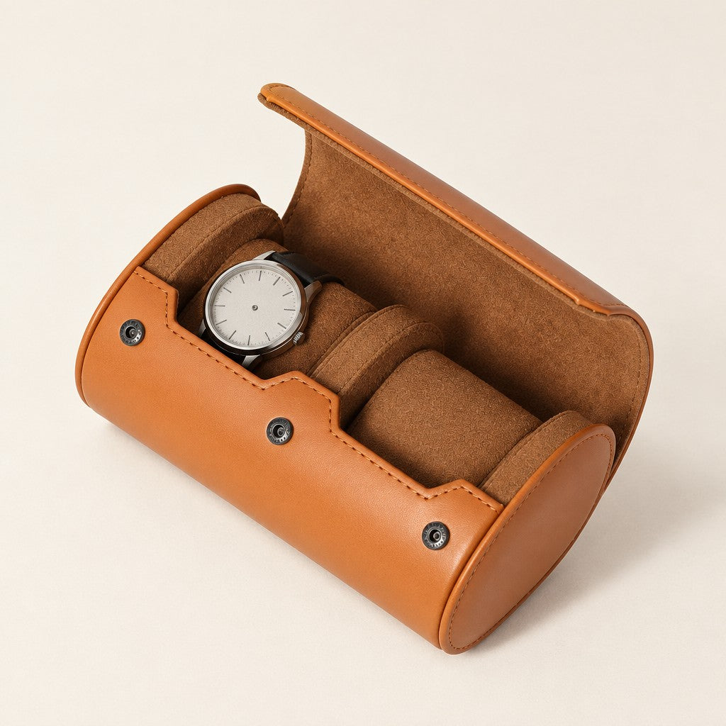 2-slot watch travel roll in tan, open with one watch
