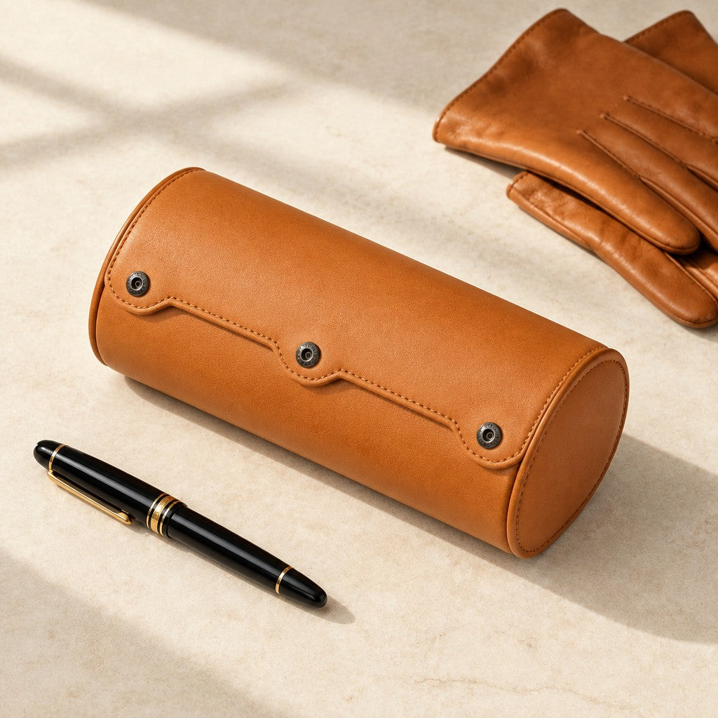 Tan 2-slot watch roll closed, beside a fountain pen and leather gloves