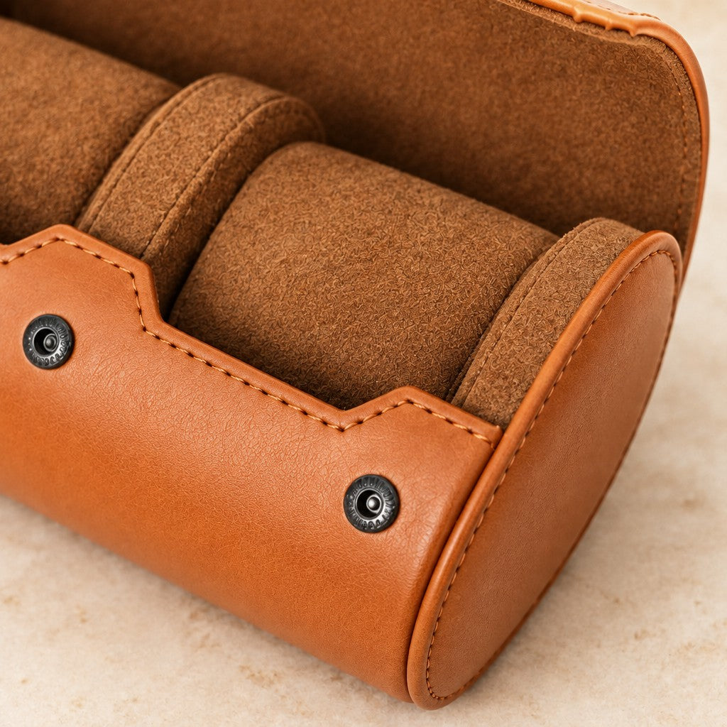 Close-up of the suede-touch lining, pillows and snap stud of the watch roll