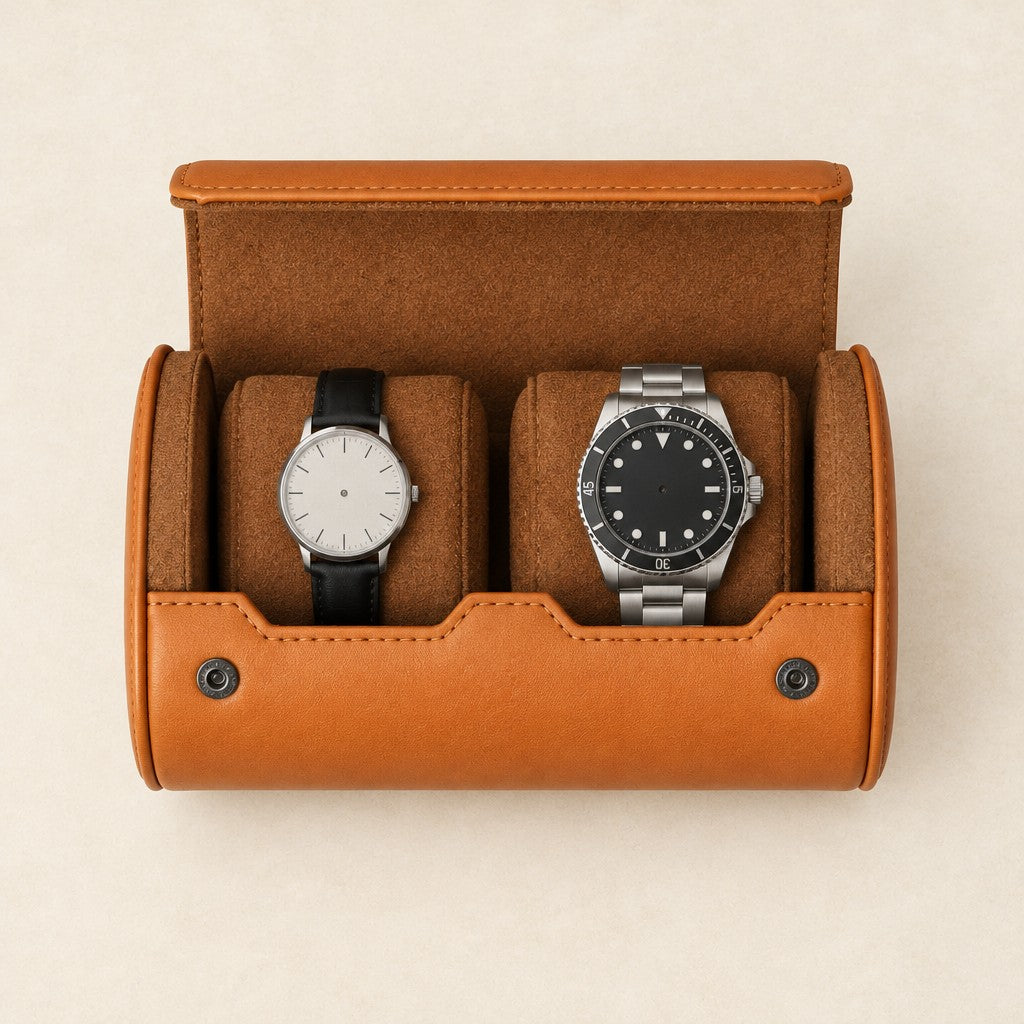 Top view of the open 2-slot watch roll with a 36 mm and a 42 mm watch