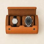 Top view of the open 2-slot watch roll with a 36 mm and a 42 mm watch