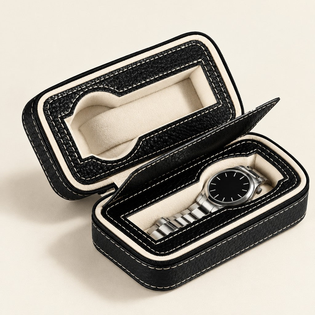 2-slot zippered watch case in black leather, open with one watch