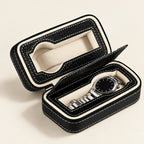 2-slot zippered watch case in black leather, open with one watch