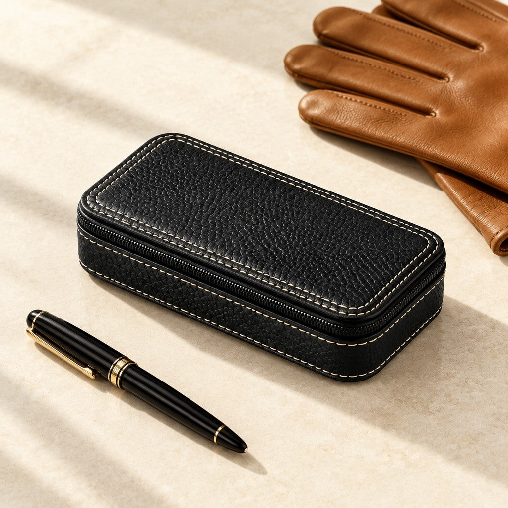 Black zippered watch case closed, beside a fountain pen and leather gloves