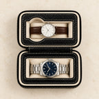 Top view of the open zippered case with a 36 mm and a 42 mm watch