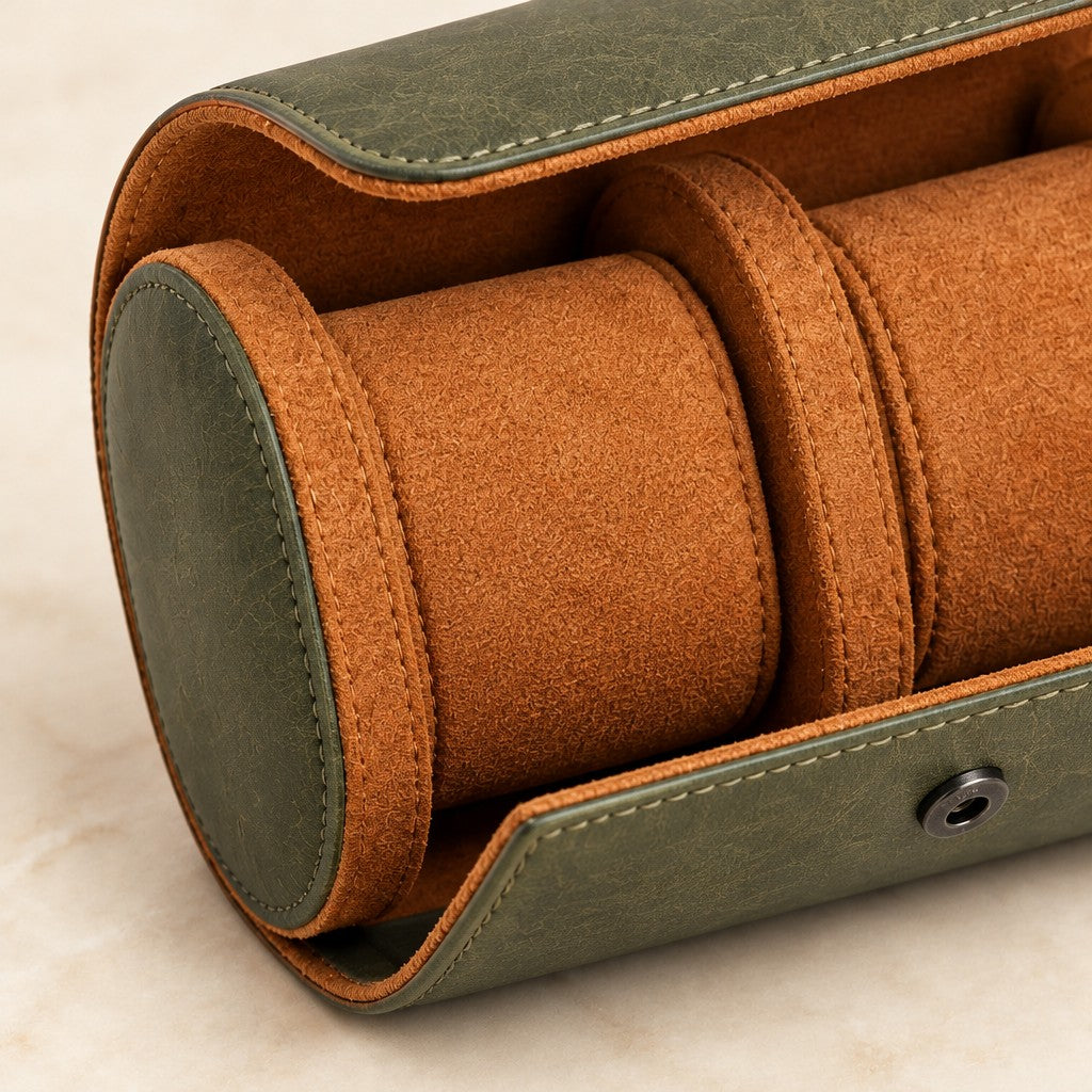 Close-up of the tan suede-touch cushions and snap
