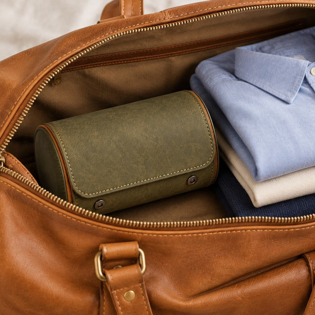 Olive 2-watch travel case packed in a leather weekender bag