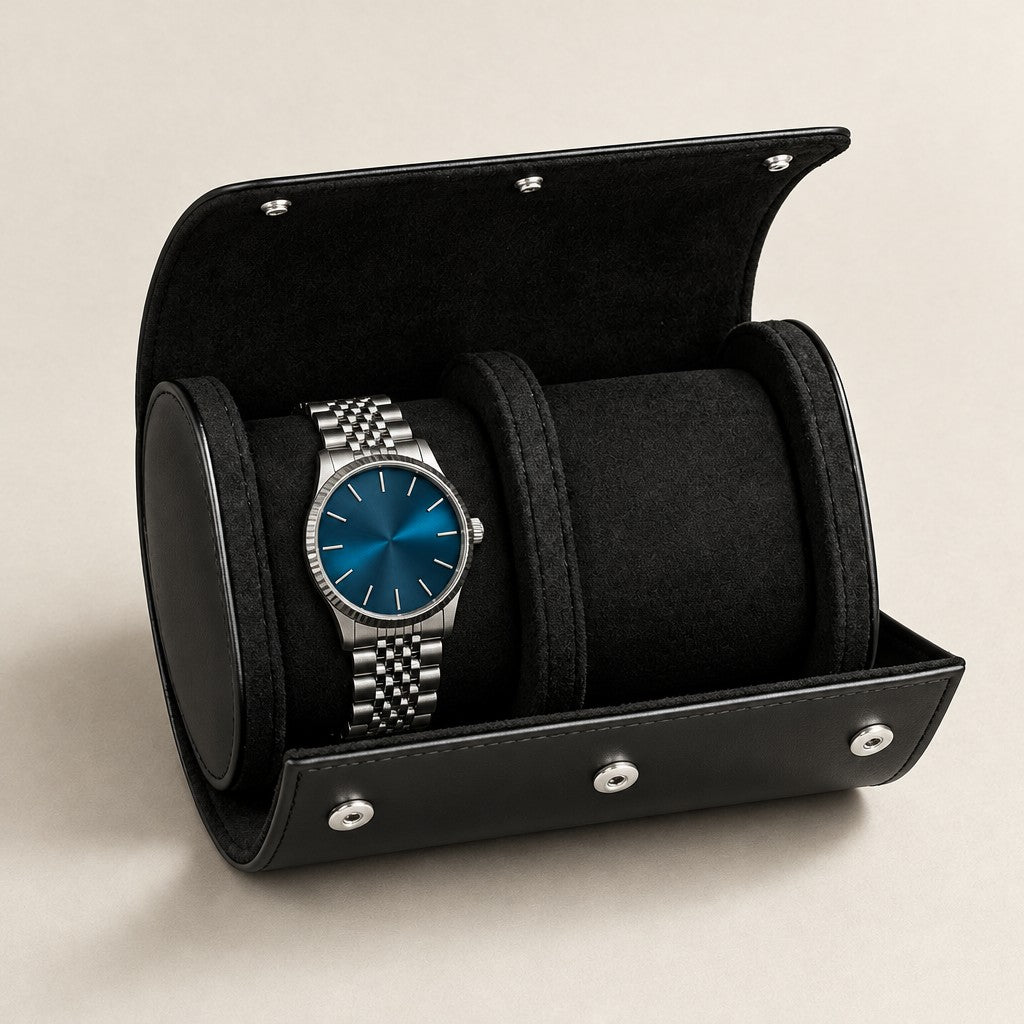 2-watch travel roll in black leather, open with one watch