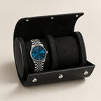 2-watch travel roll in black leather, open with one watch