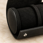 Close-up of the suede-touch lining, pillow end cap and silver snap of the roll