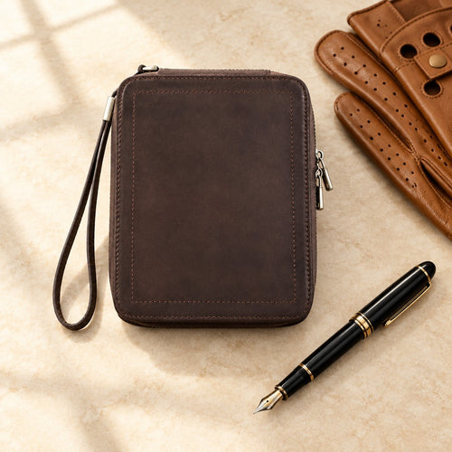 2-watch and sunglasses leather travel case closed, beside a fountain pen and leather gloves