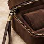 Close-up of the lining and hardware of the 2-watch and sunglasses leather travel case