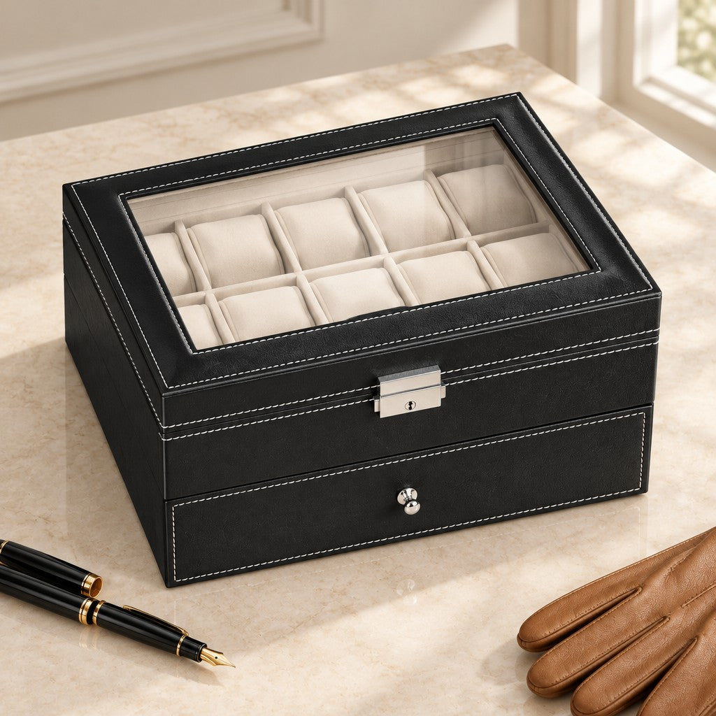 20-slot black faux leather watch box closed, beside a fountain pen and leather gloves