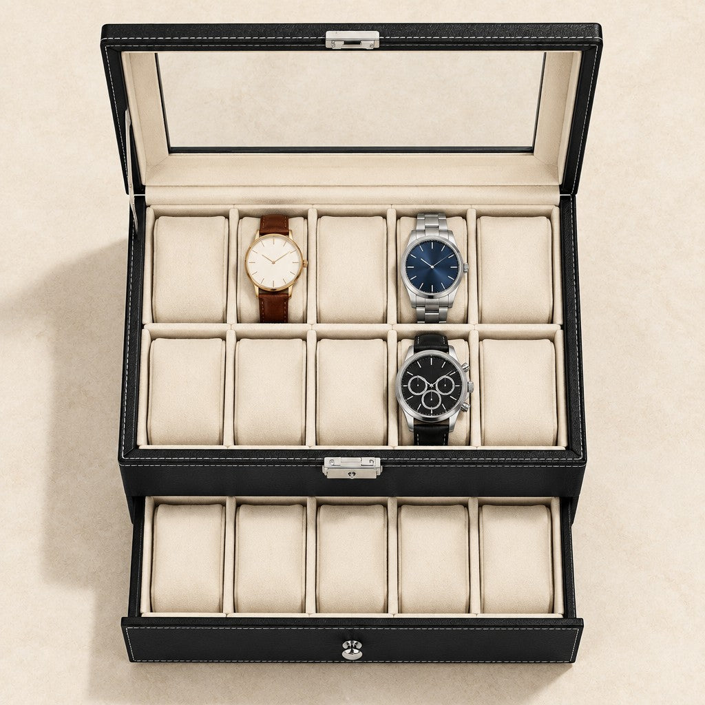 Top view of the 20-slot watch box with three watches of different sizes