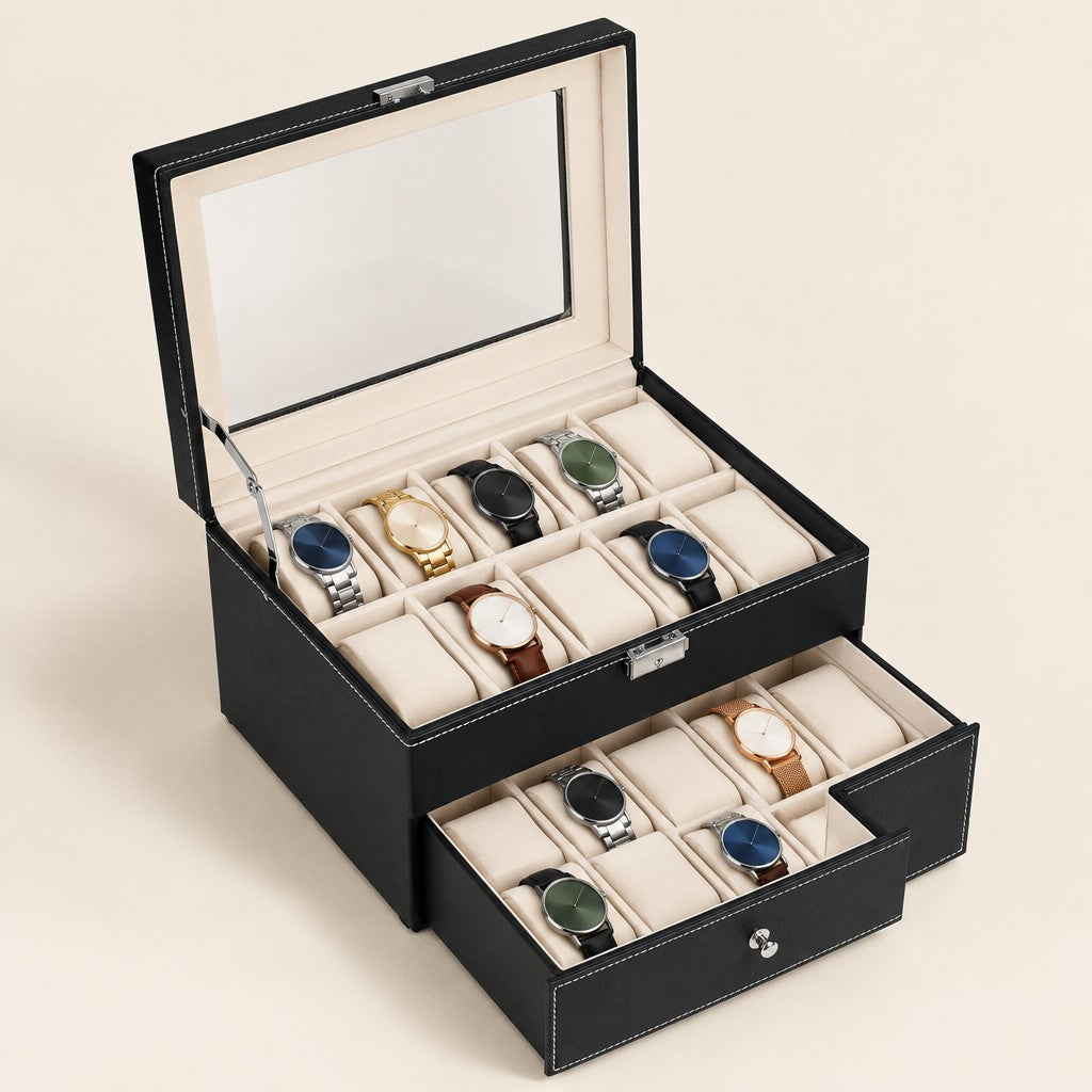 20-slot black faux leather watch box with the glass lid open and the drawer pulled out