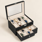 20-slot black faux leather watch box with the glass lid open and the drawer pulled out