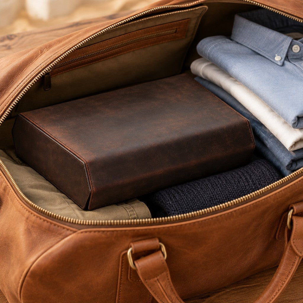 20-slot leather watch case closed inside a leather weekender bag, for scale