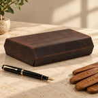 20-slot leather watch case closed, beside a fountain pen and leather gloves