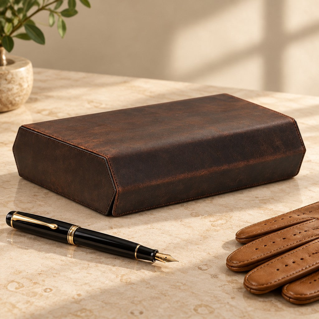 20-slot leather watch case closed, beside a fountain pen and leather gloves