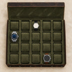 Top view of the 20-slot leather watch case with a 36 mm, a 42 mm and a 45 mm watch