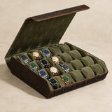 20-slot dark brown leather watch case open, olive velvet cushions