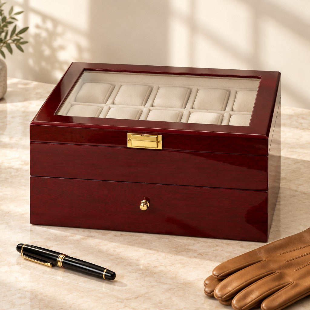 20-slot wine red watch box closed, beside a fountain pen and leather gloves