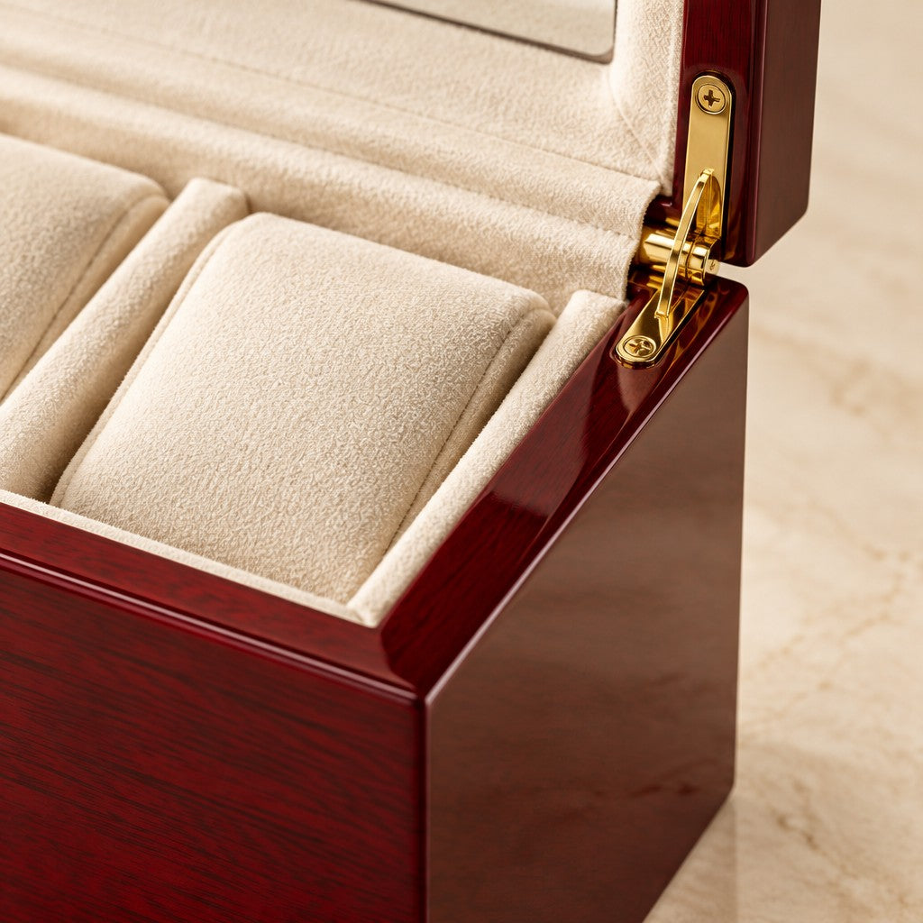 Close-up of the flannel pillows and gold-tone hinge of the wine red watch box