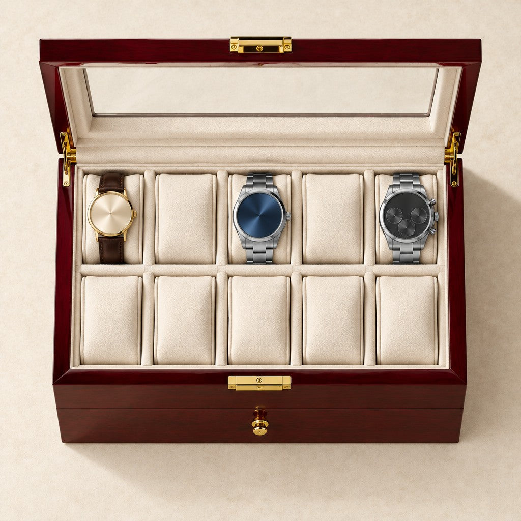 Top view of the wine red watch box with three watches of different sizes