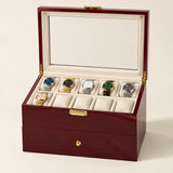 20-slot wine red lacquered wooden watch box with the glass lid open