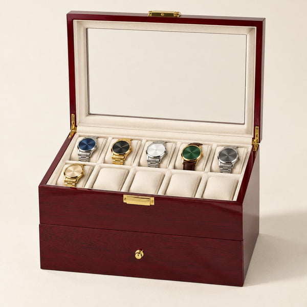 20-Slot Wine Red Lacquered Wood Watch Box with Drawer