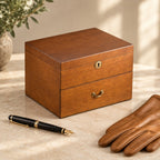 20-slot wooden watch box with lock closed, beside a fountain pen and leather gloves