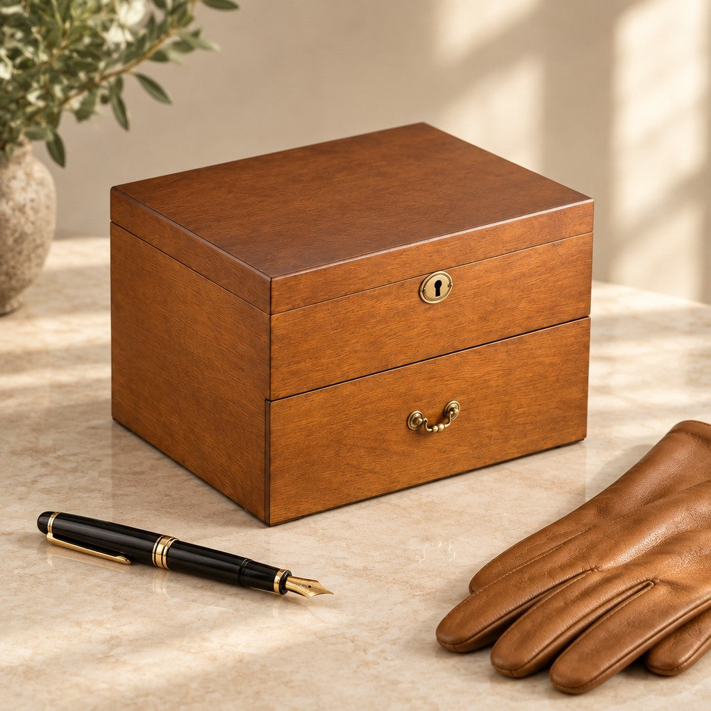 20-slot wooden watch box with lock closed, beside a fountain pen and leather gloves